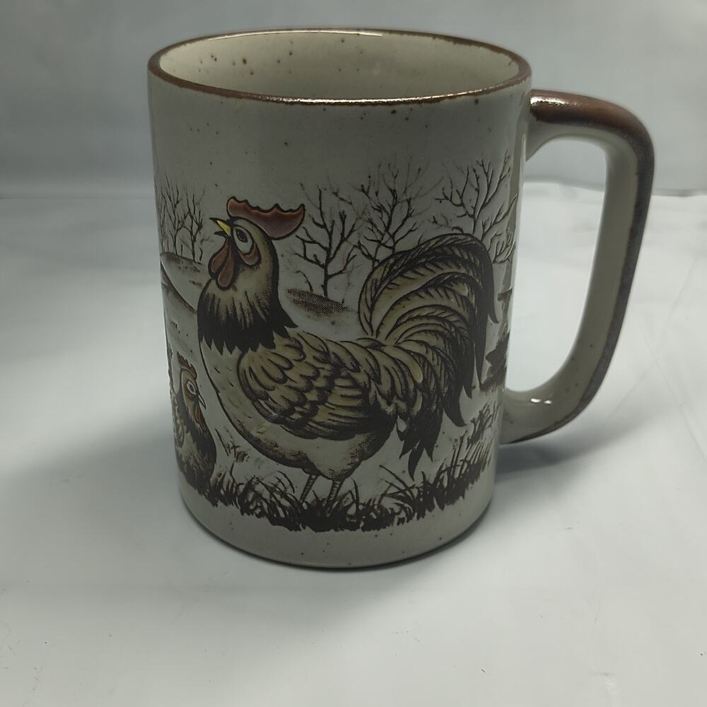 Otagiri Rooster Chicken Hen Coffee Mug Cup Farm Barn Speckled Brown Japan VTG